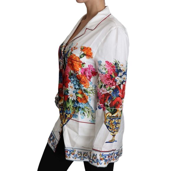 Dolce & Gabbana White Flower Vase Print Silk Lounge Blouse Top - Picture 4 of 6